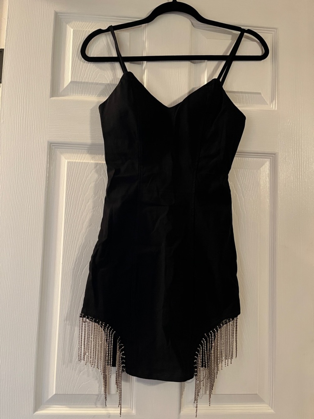 Haute Monde Black Spaghetti-Strap Mini Dress with Crystal Fringe